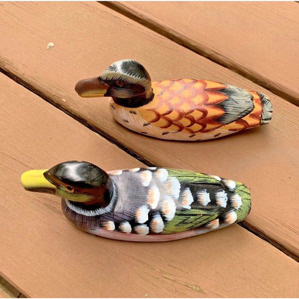 VTG Duck Mallard Decoy Glass Eyes Figurine Small Painted Carved Wooden Decor  7”